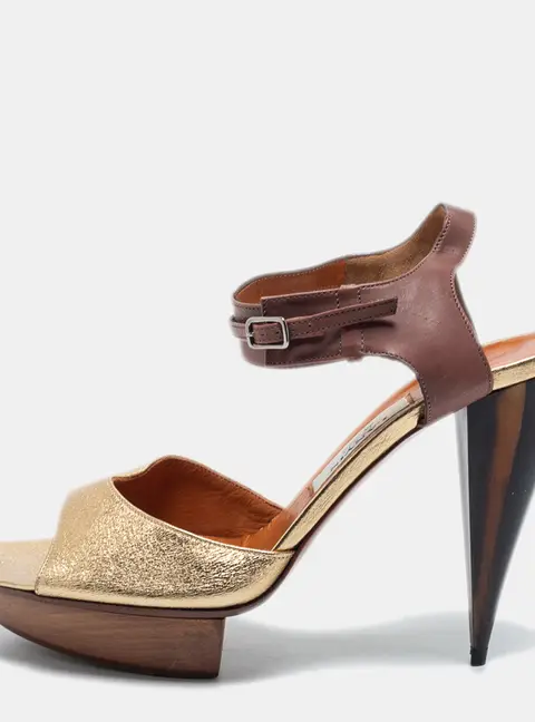 Lanvin Gold/Brown Leather Ankle Strap Sandals Size 40