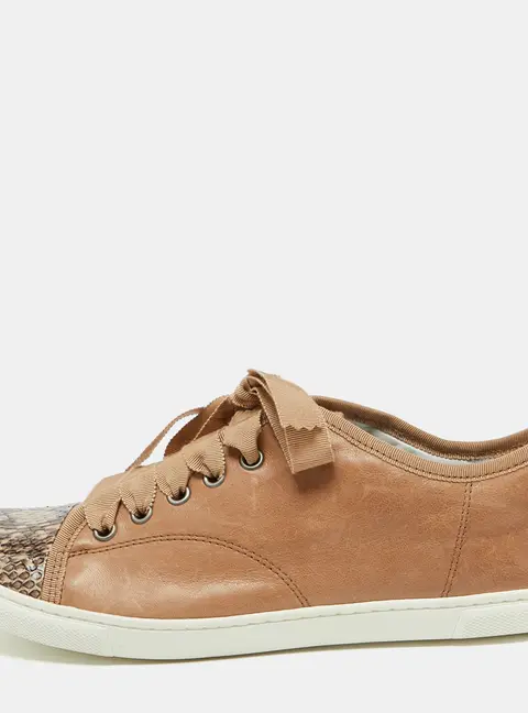 Lanvin Brown Leather and Snakeskin Cap Toe Low Top Sneakers Size 39