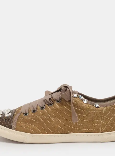 Lanvin Gold Quilted Leather Crystal Embellished Low Top Sneakers Size 40