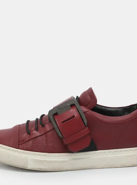 Lanvin Buckle Embellished Size 37 Burgundy Leather Slip On Sneakers