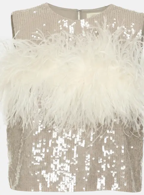 Lapointe Grey/White Sequin and Ostrich Feather Sleeveless Crop Top S