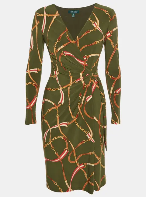 Lauren Ralph Lauren Green Equestrian Print Jersey Wrap Dress XS