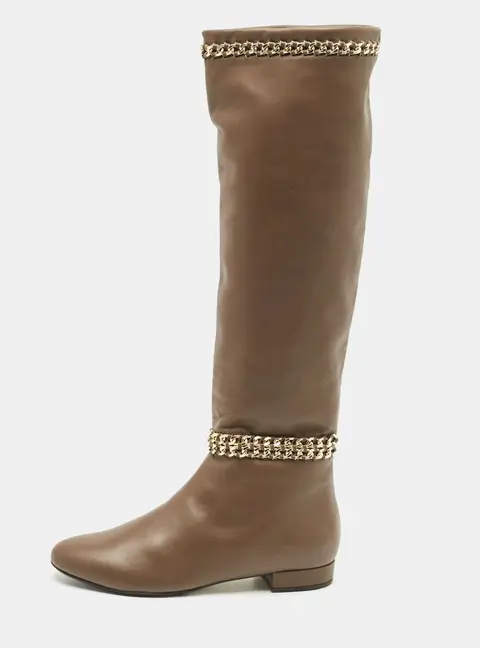 Le Silla Brown Leather Chain Detail Knee High Boots Size 37.5