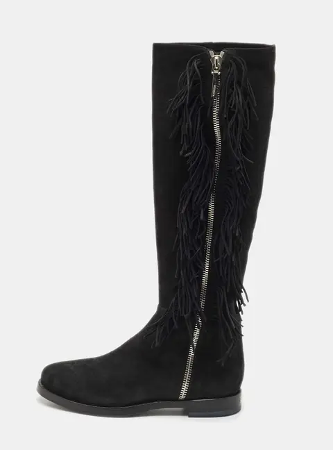 Le Silla Black Suede Fringe Trim Knee Length Boots Size 37.5