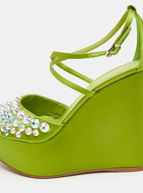 Le Silla Size 38 Green Satin Crystal Embellished Wedge Sandals