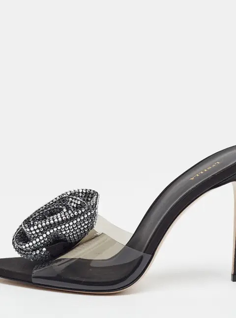 Le Silla Rose Applique Size 40 Black PVC and Satin Slide Sandals