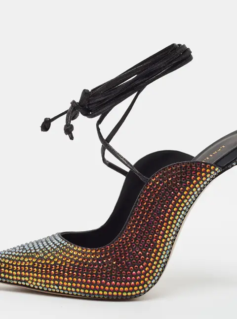 Le Silla Ivy Crystal Embellished Size 40 Black Satin Ankle Wrap Pumps