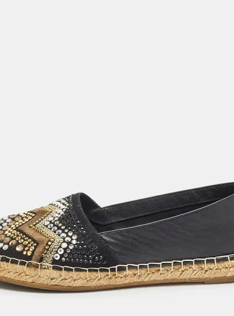 Le Silla Black Leather and Embellished Suede Espadrille Flats Size 37