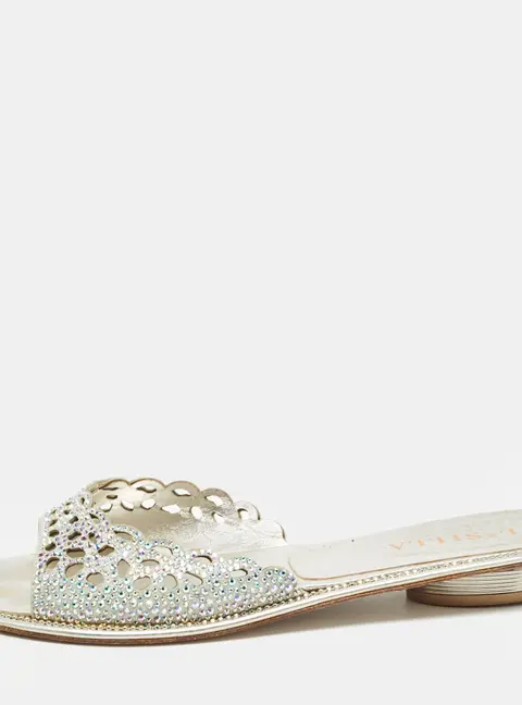 Le Silla Silver Crystal Embellished Textured Suede Flat Slides Size 37.5