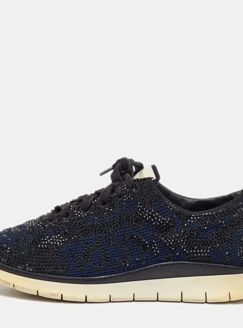 Le Silla Navy Blue/Black Knit Fabric and Leather Crystal Embellished Low Top Sneakers Size 42