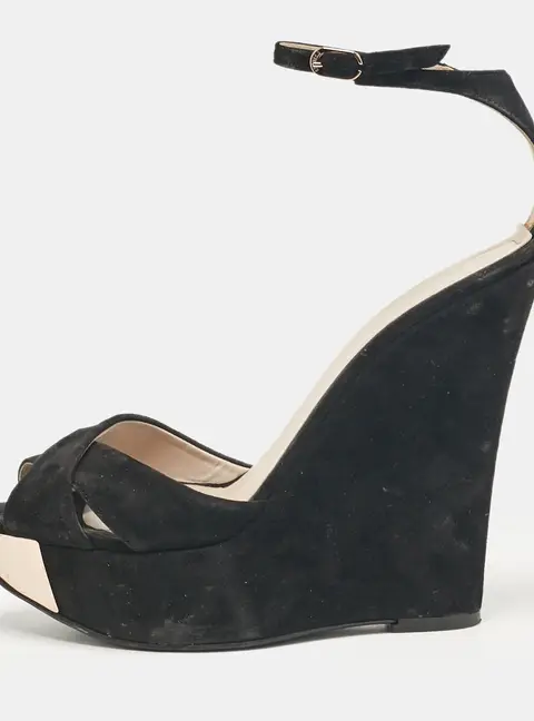 Le Silla Black Suede Wedge Ankle Wrap Sandals Size 40