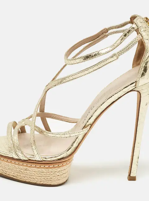 Le Silla Gold Leather and Embossed Python Espadrille Platform Strappy Sandals Size 40