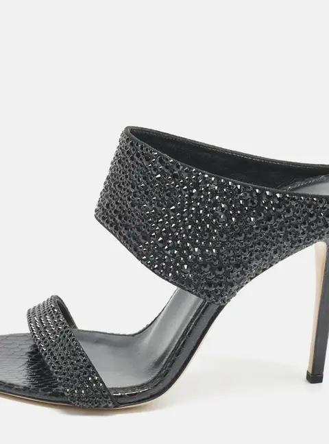 Le Silla Black Snakeskin Embossed Leather and Suede Crystal Embellished Slide Sandals Size 37.5