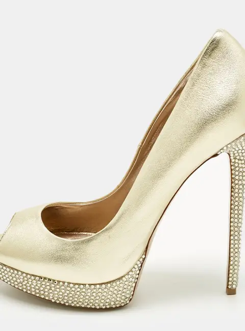 Le Silla Gold Leather Crystal Embellished Platform Pumps Size 41