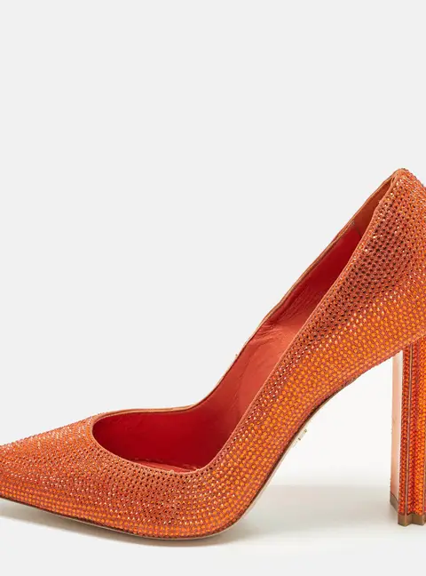 Le Silla Size 39 Orange Crystals and Suede Pointed Toe Pumps