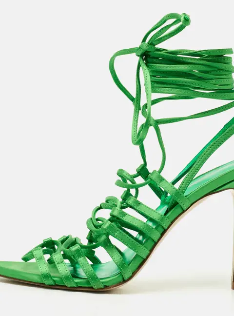 Le Silla Size 36.5 Green Satin Ankle Wrap Sandals