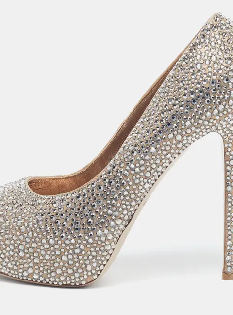 Le Silla Size 38 Metallic Satin Crystal Embellished Platform Peep Toe Pumps