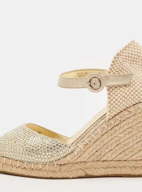 Le Silla Size 36 Gold Knit Fabric and Leather Crystal Embellished Espadrille Sandals