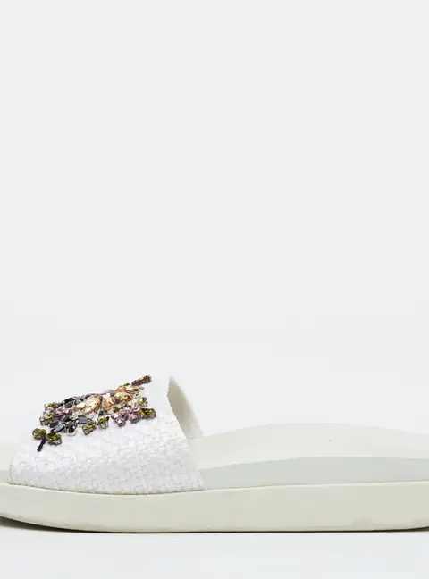 Le Silla Size 41 White Woven Straw Crystal Embellished Flat Slide Sandals