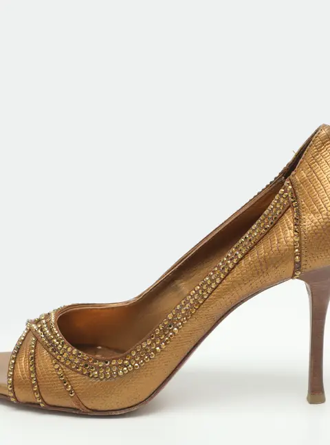 Le Silla Size 38.5 Gold Lizard Embossed Leather Pumps