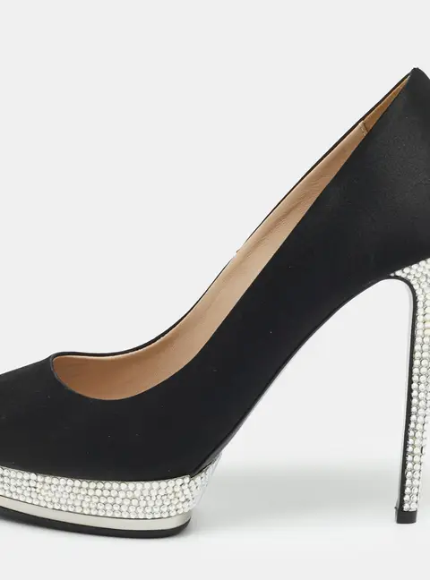 Le Silla Size 39 Black Satin Crystal Embellished Peep Toe Pumps