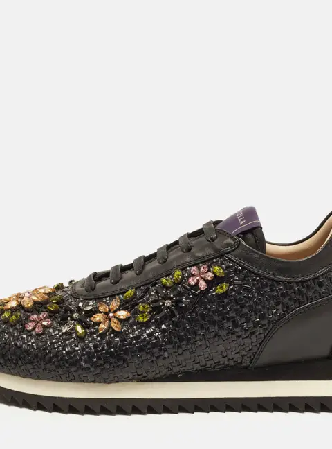 Le Silla Size 38 Black Leather and Raffia  Crystal Embellished Lace Up Sneakers