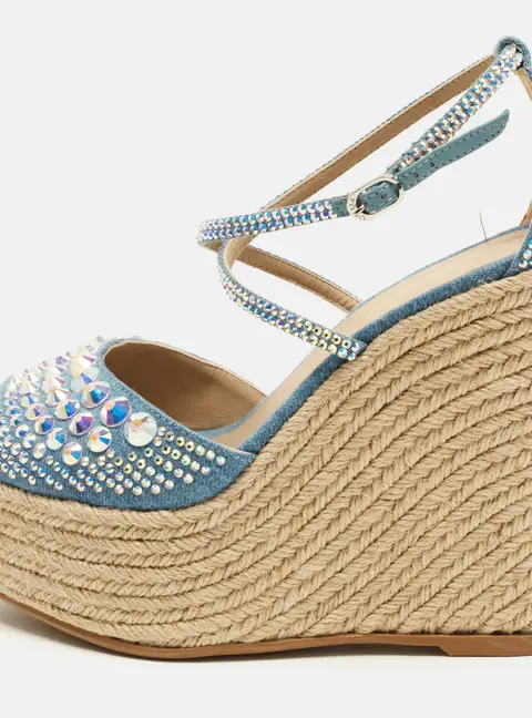 Le Silla Size 38 Blue Denim  Crystal Embellish Espadrille Sandals