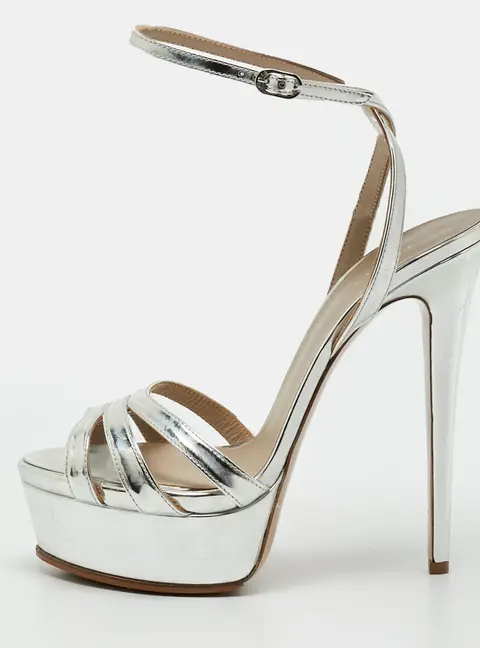 Le Silla Size 38 Silver Leather Platform Ankle Strap Sandals