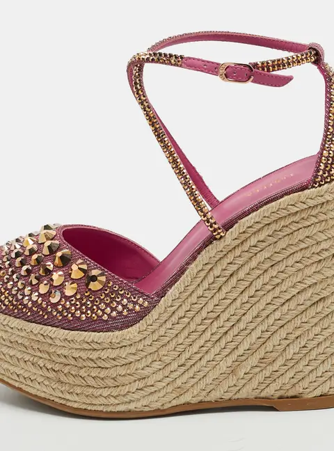 Le Silla Size 38 Pink Lurex Fabric  Crystal Embellished Wedge Sandals