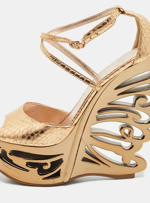 Le Silla Size 35 Metallic Snakeskin Embossed Leather Butterfly Platform Wedge Sandals