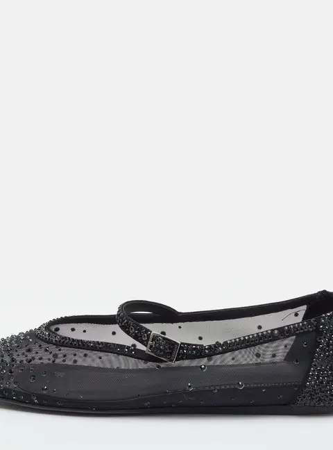 Le Silla Size 41 Black Mesh and Suede Crystal Embellished Mary Jane Ballet Flats