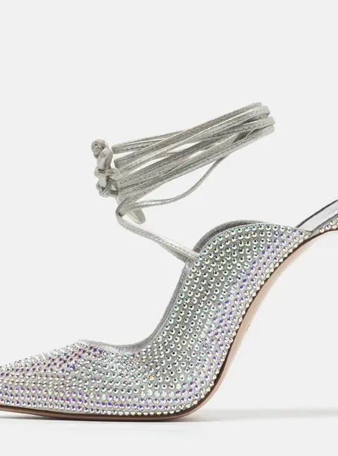 Le Silla Ivy Size 40 Silver Satin Crystal Embellished Ankle Wrap Pumps
