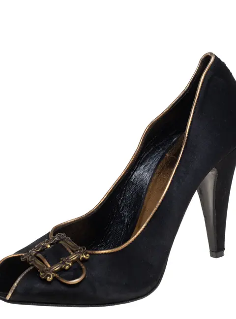 Le Silla Black Satin Buckle Peep-Toe Pumps Size 39