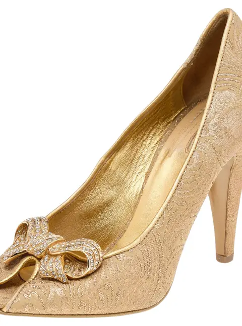 Le Silla Gold Brocade Fabric Embellished Bow Peep Toe Pumps Size 38