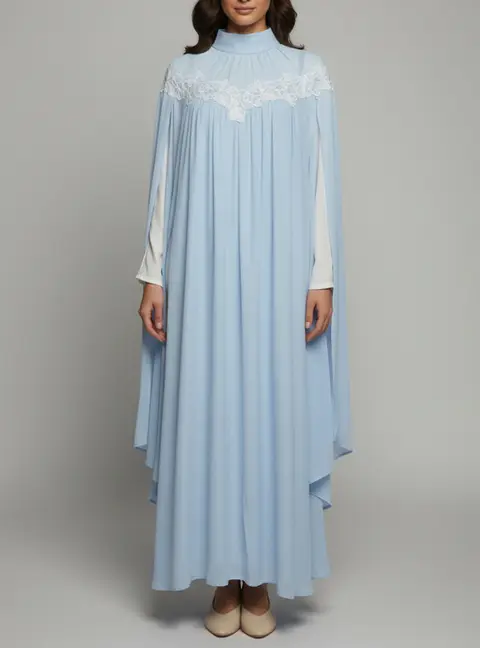 The One by Lichi Blue Crepe Lace Trim Cape Sleeve Maxi Dress M