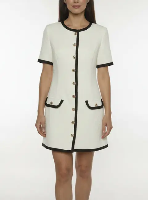 The One by Lichi Off White Tweed Contrast Trim Short Sleeve Mini Dress M