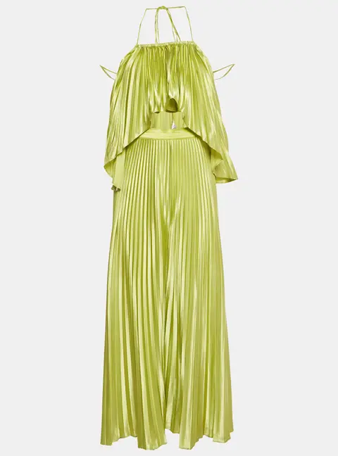 Li Dee Green Satin Pleated Biscous Top & Pants Set XS