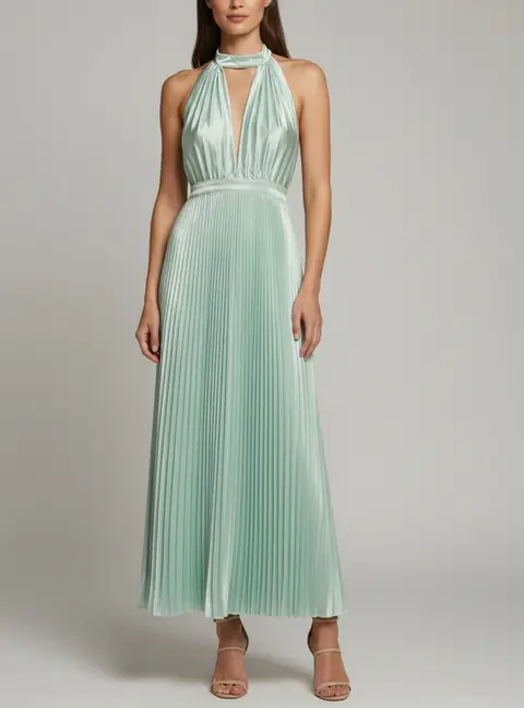 L'IDEE Light Green Satin Plisse Halter Neck Chateau Gown XS