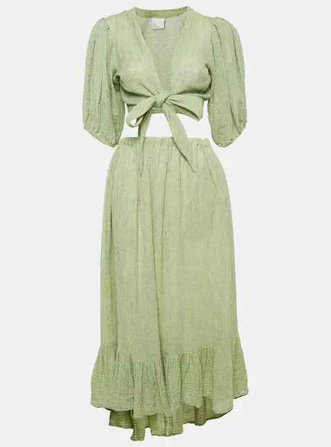 Lisa Marie Fernandez Green Textured Linen Wrap Top and Skirt Set M