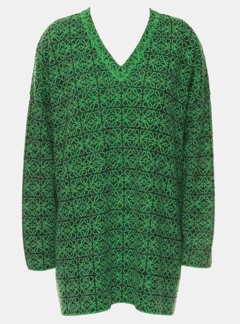 Loewe Green Oversized Anagram V-Neck Sweater XS