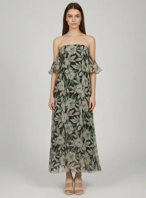 Loewe Black Floral Printed Chiffon Strapless Midi Dress M