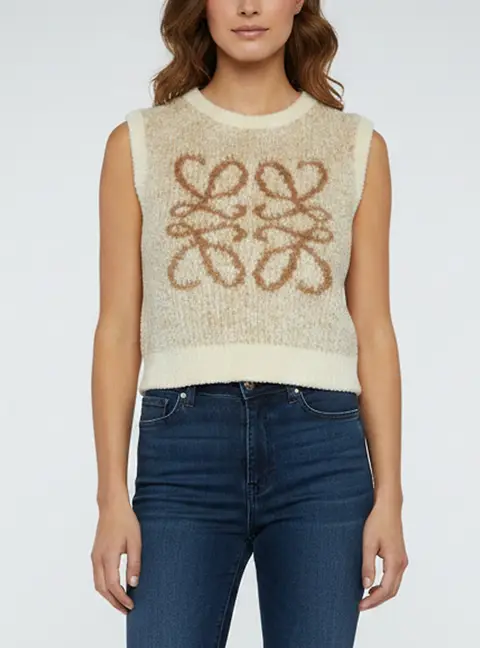 Loewe Beige Anagram Chenille Knit Cropped Sweater Vest XS