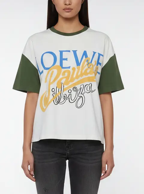Loewe X Paula's Ibiza Cream/Green Logo Print Jersey Oversized T-Shirt S