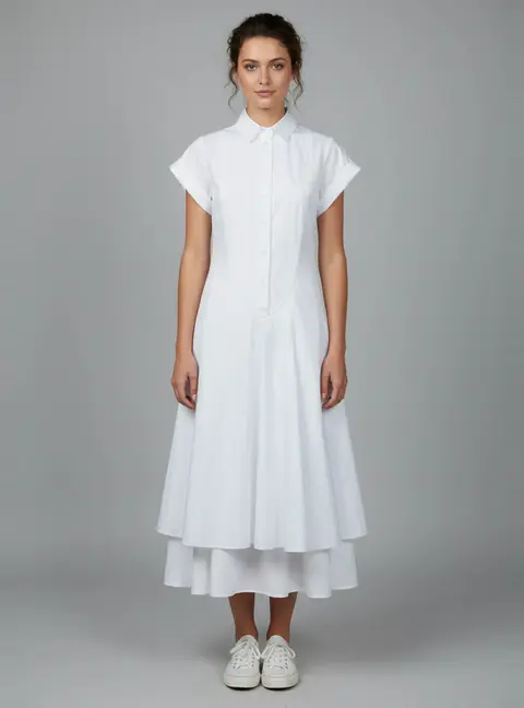 Loewe White Cotton Pleated Double Layer Midi Shirt Dress XS