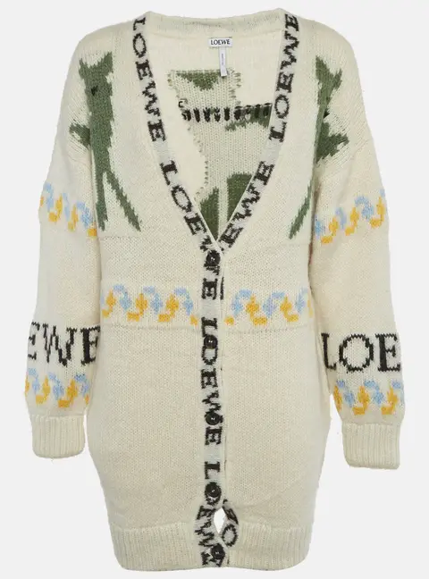 Loewe White Intarsia Wool Knit Cardigan XS