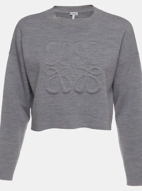 Loewe Grey 3D-Embossed Anagram Wool Knit Cropped Sweater XS