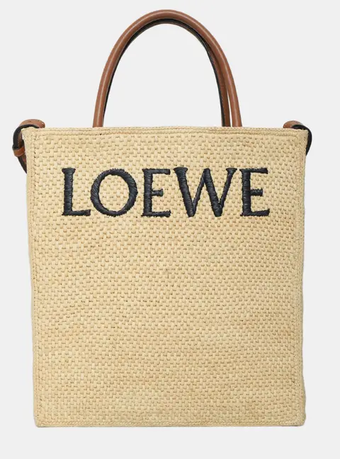 Loewe Vertical Beige Palm Leaf Raffia and Leather Logo Tote Bag