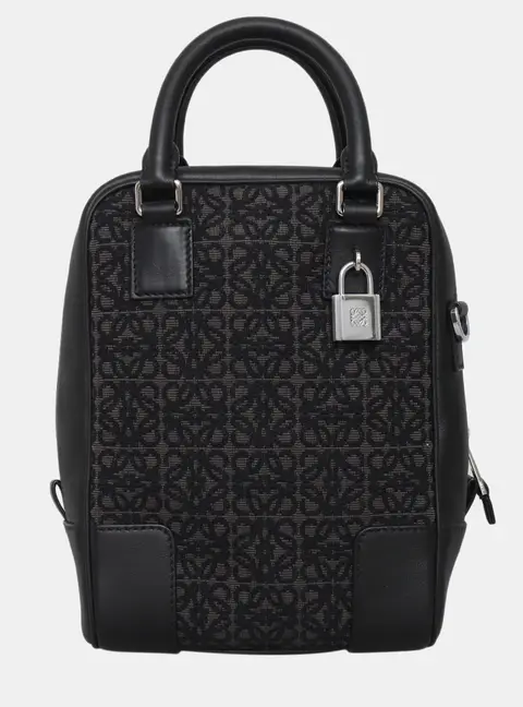 Loewe Amazona 15 Black Logo Jacquard Canvas Leather Trim Top Handle Bag