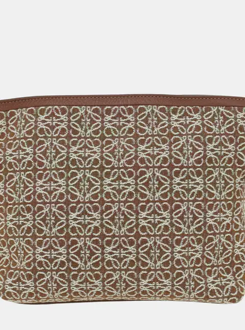 Loewe Flamenco Brown Beige Anagram Jacquard Calfskin Leather Clutch Bag