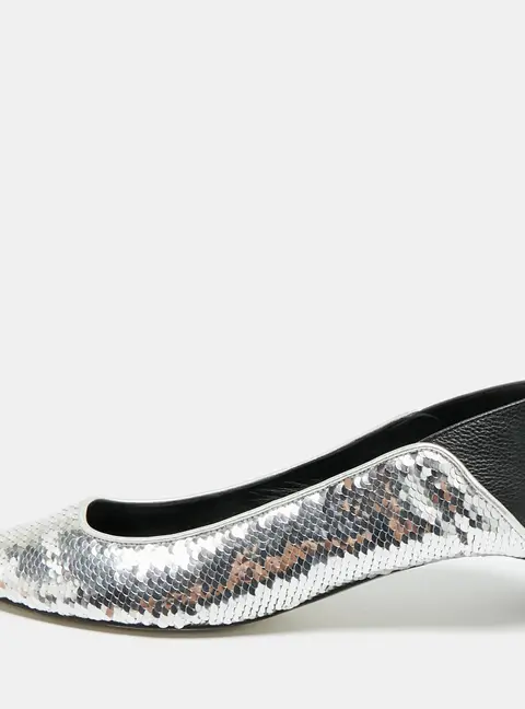 Loewe Size 38 Silver/Black Leather and Sequins Block Heel Pumps